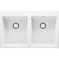 Fregadero Oslo Roca Fregadero Cocina 78 x 50 cm, Fregadero Granito 2 Senos + Sifón Clásico, Fregadero Empotrado con Escurridor Oslo 80 Twin de Primagran, Blanco