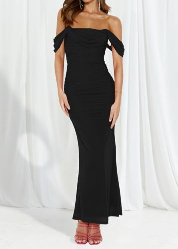 MOEENCN Mesh Ruched Bodycon Long Dress Women Off Shoulder Mermaid Hem Midi Dresses Party Night Outfits3