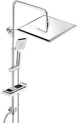 JOHO Edelstahl Duschsystem mit Regendusche ohne Armatur, 30x30 cm Chrom | Regenduschset mit Höhenverstellbare Duschstange 74–114 cm, 3 Strahlarten Handbrause, XXL Duschablage ohne