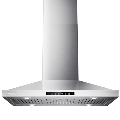VIKIO HOME 36In Island Range Hood 390 CFM Stainless Steel Ducted Island Mount Range Hood kitchen island vent hood with 3-Speed Fan Touch/Gesture 3 Stainless Steel Baffle Filters Ceiling Mount