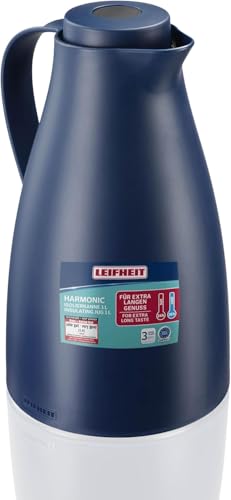 Leifheit Pichet isotherme 1L Harmonic, Pichet thermos café et thé totalement étanche, Thermos café chaud jusqu'à 24h, ouverture fermeture et versement d'une seule main, thermos design sans BPA, bleu