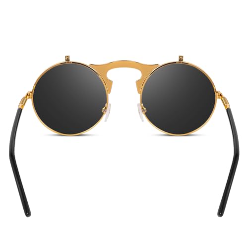 Unisex Retro 80s/90s Flip-Up Round Sunglasses Steampunk Rave Shades with Double Lenses4