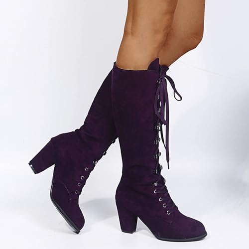 SACFOF Women's Suede Knee High Boot Ladies Lace up High Chunky Heeled Winter Boots Combat Riding Military Boots for Women3