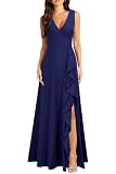 MUSHARE Women's V Neck Sexy Split Cocktail Dress with Pockets Ruffle Party Long Formal Dress Navy Blue