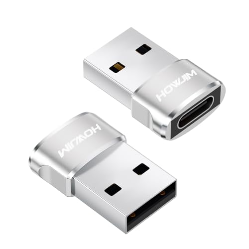 HOWJIM Adattatore da USB 2.0 a USB C 2 pezzi,PD27W/66W QC100W Ricarica Rapida Trasmissione Dati 480Mbps,Guscio in Lega di Alluminio per M-acBook Pad Phone 17 16 15 Serie G-alaxy X-peria P-ixel Argento