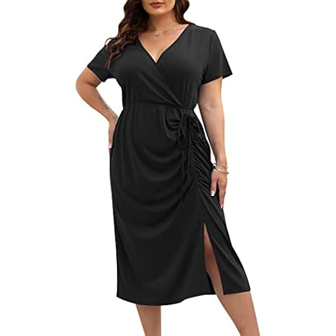 Nemidor Womens Plus Size Ruched Pleated Bodycon Midi Casual Party Wrap Dress with Slit NEM307, Black, 18 Plus Cover