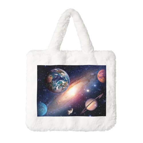 Sac à main en peluche doux avec motif univers imprimé galaxie