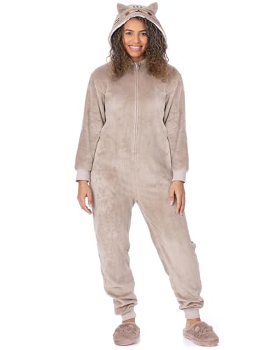 Pusheen Womens Onesie | Ladies Novelty All In One Pyjama Set | Brown Cozy Cartoon the Cat with 3D Ears & Tail