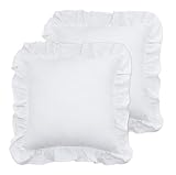 PurpleEssences White Ruffled Solid Throw Pillow Covers Set of 2 Chic Cotton Decorative Cushion Case for Sofa Couch Bed Living Room Farmhouse Boho Décor, 18 x 18 Inch