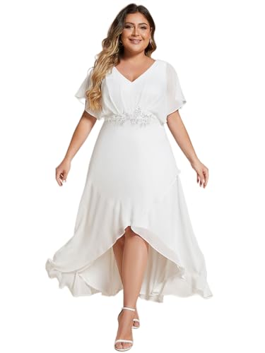 Image of Ever-Pretty Plus Women's V Neck Applique Plus Size Wedding Guest Dress Short Sleeves Maxi Formal Dresses