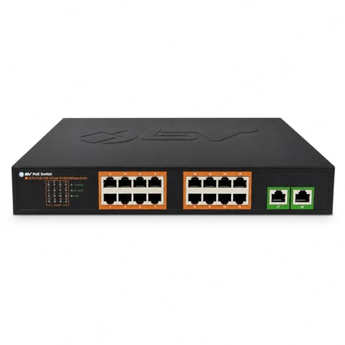 Image of BV-Tech 18-Port Gigabit PoE+ Switch | 16 PoE+ Ports @ 120W & 2 Gigabit Uplink Ports | 802.3af /at 30W /Port | Unmanaged Plug and Play | for IP Cameras & Access Points