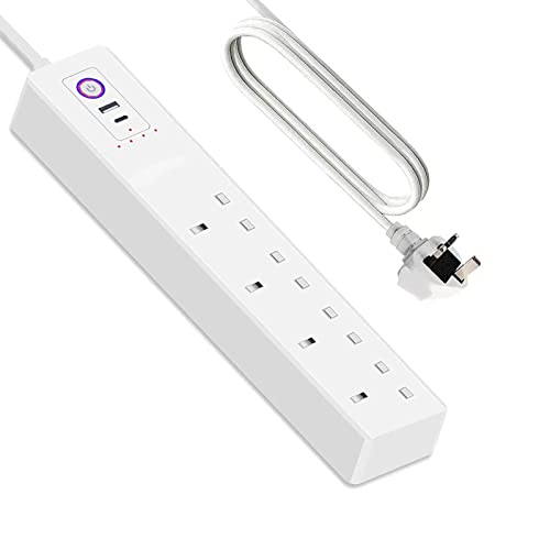 Power Strip Surge Protector, Jinvoo USB Power Strip with 4 AC outlets and 4 USB Ports, PD65W USB-C Power Strip with 5FT Extension Cord, 1700J, Desktop Charging Station for Home Office- White