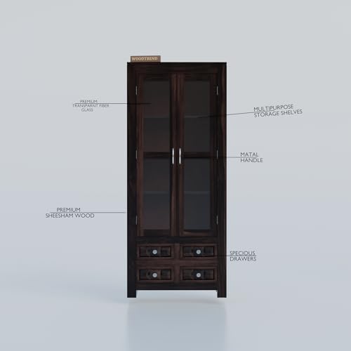 Image of Wood Book Shelf with Glass Door, Wooden Bookshelf for Home Library, Kitchen Crockery Cabinet, Study Room Furniture, Books Rack, Book Stand, BookCases, Bookshelves (Walnut Finish)