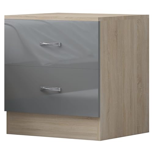 HarminGrey High Gloss on Oak frame 2 Drawer Bedside Cabinet Table