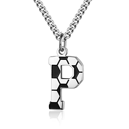 Collier lettre initiale de football en acier inoxydable - Chaîne argentée haut de gamme