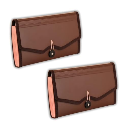 Image of Polen 2 Pcs Cheque Expanding File with Elastic Closure 13 Pockets 0.7mm Outer Cover & 0.2mm Inner Partition Sheet, Edge Binding, Index Tabs for Easy Identification, Size Cheque. (Radiant Brown)