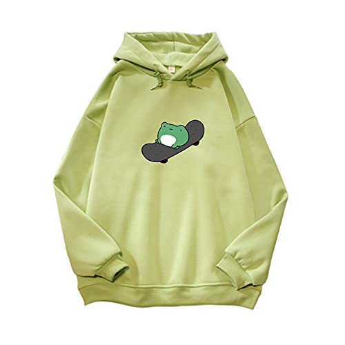 Keevici Womens Cute Skateboarding Frog Hoodie Oversized Kawaii Clothes Soft Aesthetic Sweatshirt Long Sleeve Thick Top (Green,M,Medium) #TOP17