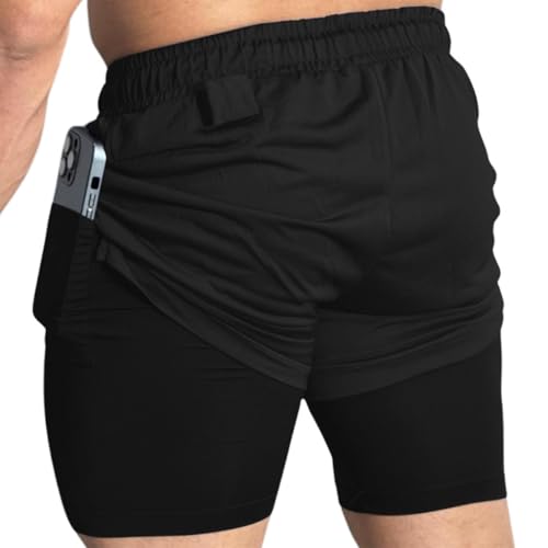 Kit 3 Short Treino Dry Fit Térmico 2 em 1 com Bolso para Celular e Porta-Toalha Fitness Academia (BR