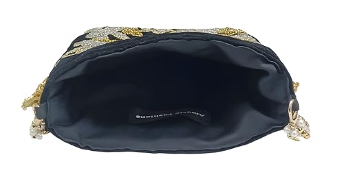 Image of Velvet Potli Bag with Golden & Silver Beaded Flower Embroidery - Handcrafted Ethnic Drawstring Bag for Weddings, Parties & Festive Gifts - Beaded Handle & Tassels for Women