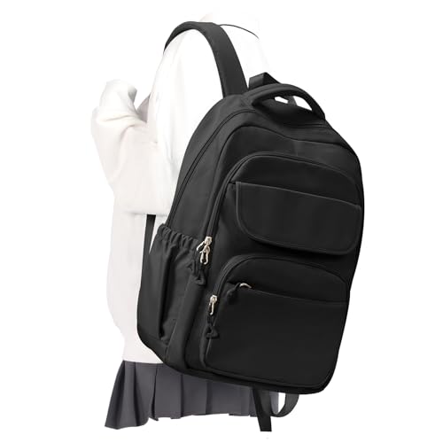 Cute Black School Backpack for Teens Girls Boys Waterproof School Bag Basic Backpack for College Students Multi Pocket Backpack Lightweight Casual Daypack Backpacks for Women Men