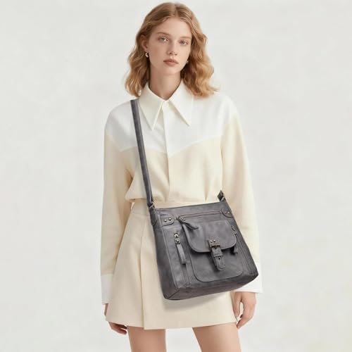 Image of KL928 Women's Crossbody Purse Bags Medium PU Leather Multi-Pocket Handbag | Medium size, multiple pockets, compartments, adjustable strap, zipper, fits 7.9 inch iPad, phone, wallet, shop, work, travel