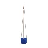 Bloomingville Hanging Stoneware Planter with Leather Rope Hanger, Latex Finish, Blue