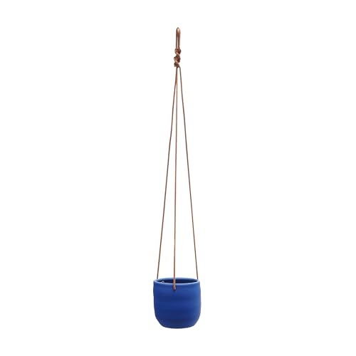 Bloomingville Hanging Stoneware Planter with Leather Rope Hanger, Latex Finish, Blue