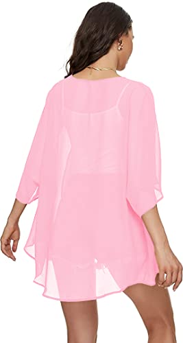 Image of Indian Trendy Women's Solid Puff Sleeve Kimono Cardigan Loose Cover Up Casual Blouse Top Chiffon