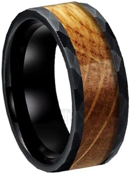 Black Tungsten Whiskey Barrel Rings for Men 8mm Hammered Wedding Bands Bourbon Wood Inlay Comfort Fit Rustic Wooden Anniversary Gifts for Him