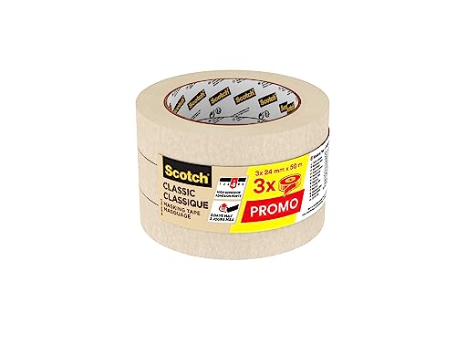 Scotch Masking Tape Classic, Promo Pack of 3 Rolls, 24 mm x 50 m - Painters Masking Tape for Indoor Painting and Decorating