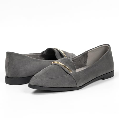 Image of Pointy Toe Penny Loafers for Women Dress Office Work Flats Shoes | Comfortable Women's Faux Suede Leather Slip On Flat Loafers for Driving Business Casual Cute Ballet Shoes