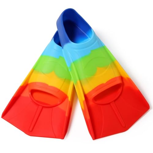 Image of Kids Swim Fins,Youth Swimming Training Flippers for Lap Swimming and Short Fins for Child, Youth Beginner Rainbow Medium