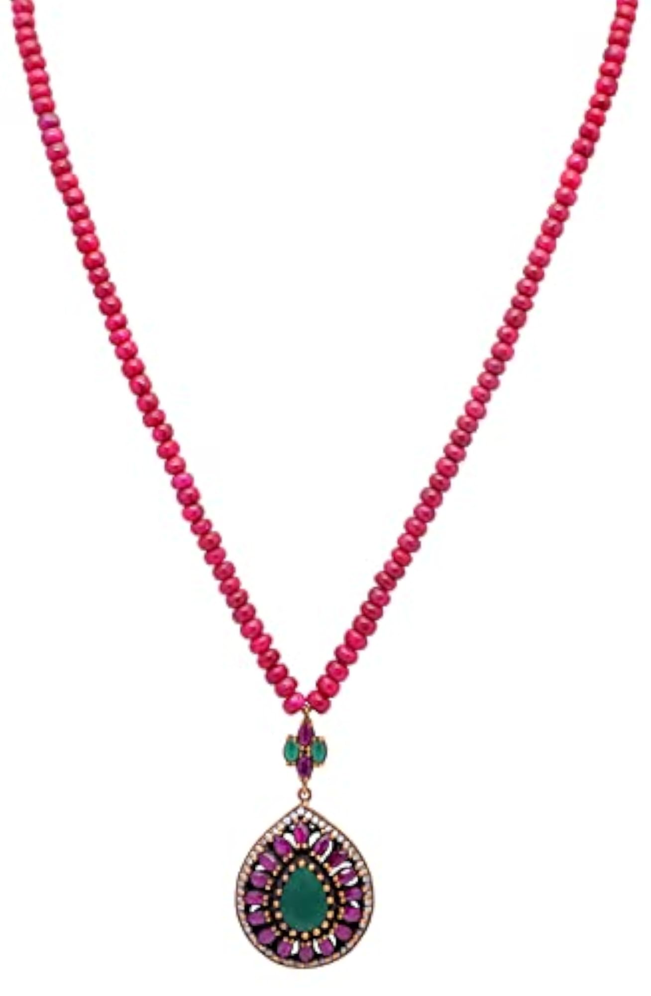 Jaipur Ruby & Emerald Gemstone Beaded Necklace with Silver Elements