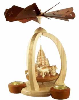 Pyramide de Noël bois Erzgebirge 28cm bougie chauffe plat carrousel cerf