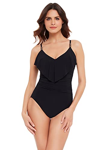 Magicsuit Women's Swimwear Solid Isabel Tummy Control Ruffle Front Soft Cup One Piece Swimsuit, Black, 14
