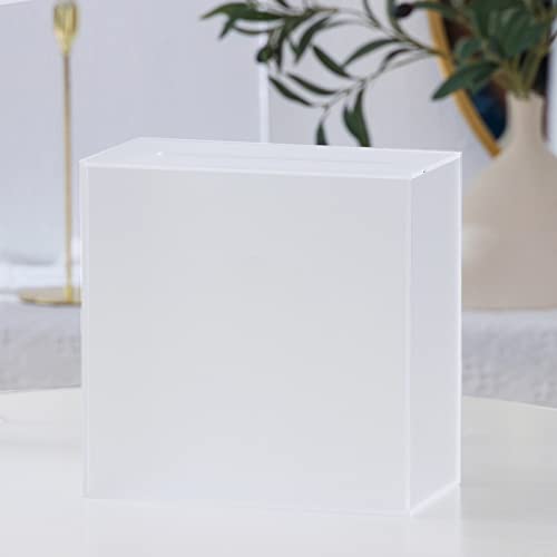 Image of UNIQOOO Frosted Acrylic Wedding Card Box with Slot, Thick DIY Large 10x10x5.5 inch w /No Print, Wedding Receptions Wishing Well Money Box, Birthday, Memory Box, Suggestion Boxes, Acrylic Ballot Box