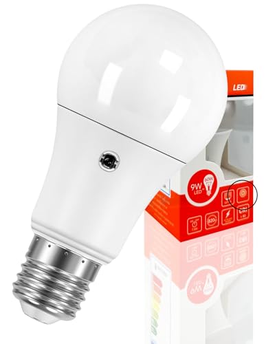 Bratek Lampadina Crepuscolare a Doppio Sensore da Esterno E27 LED A60 9W 6500k - Lampada Crepuscolare da Esterno Luce Fredda da 820 Lumen Equivalente Lampadina 60W a Incandescenza o 45W Alogena