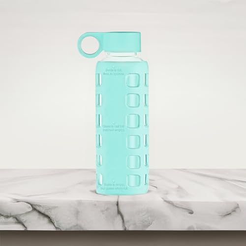 purifyou 40/32/22/12 oz Glass Water Bottles, Reusable with Time & Volume Markings, Non-Slip Silicone Sleeve, Stainless Steel Lid, for Water, Milk & Juice (12oz FrostedMist)