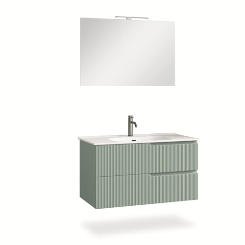 AQA DESIGN mobile bagno composizione 4 pezzi, mobile bagno con lavabo, base sospesa con frontali in MDF cannettato, set mobili bagno nr2 cassetti - Verde - 101x46,5x190 cm