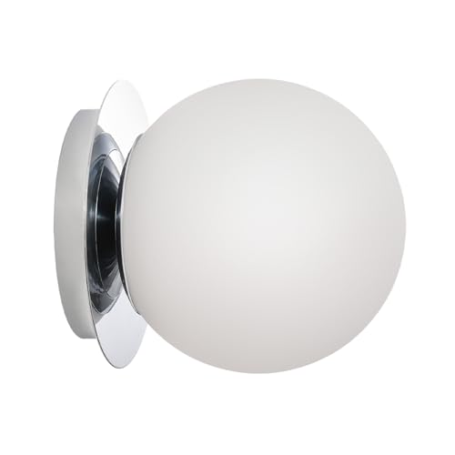 Modern Glass Globe Wall Sconce: Chrome Single Light with Milk Glass Shade - Minimalist...
