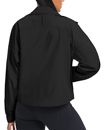 Avgo Women's Cropped Lightweight Running Athletic Jackets Sun Protection Waterproof Windbreaker Zip Up Workout Shirts(Black,S) #TOP4