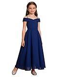 Jugaoge Mädchen Schulterfreie Kleider Festlich Sommerkleid Chiffon Midi Lang Abendkleider Cocktailkleider Brautjungfern Hochzeitskleider Geburtstag Outfit Blau 170 176
