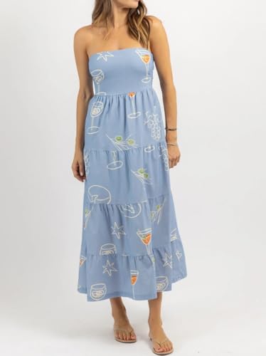 Image of Women Floral Print Maxi Tube Dress Strapless Flowy Long Bandeau Dress Y2K Open Back Sundress Summer Beachwear