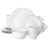 Elama Round Stoneware Pearl Collection Dinnerware Dish Set, 16 Piece, White