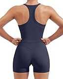 SUUKSESS Women 2 Piece Workout Sets High Waisted Biker Shorts with Pockets Built in bra Racerback Tank Tops Halter Padded Sports Bras (Navy Blue, S)