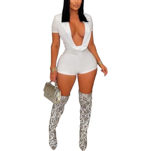 Image of Molilove Sexy Romper for Women Short Sleeve Deep V Neck Bodycon Short Jumpsuit One Piece Y2K Party Clubwear
