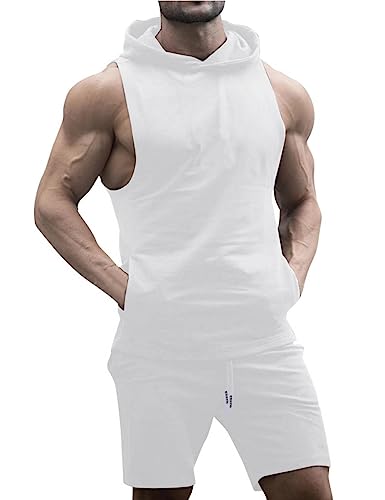 Turetrendy Men's Tracksuit 2 Piece Sleeveless Hooded Workout Tank Top And Shorts Casual Athletic Sports Hoodie Shorts Set White Xl #TOP28