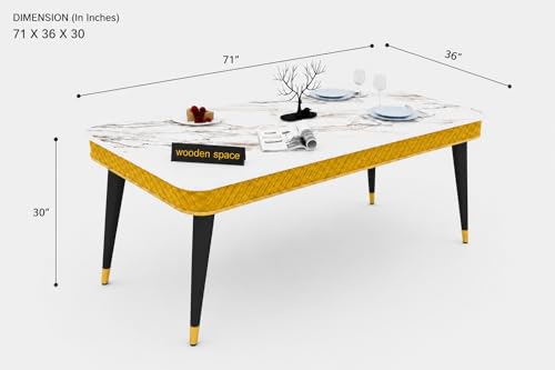 Image of WOODEN SPACE 6-Seater Wooden Dining Table Set | Nano Composite Marble Top | Solid Wood Base | Modern Dining Room Furniture with 6 Chairs (Yellow Modern Vento)