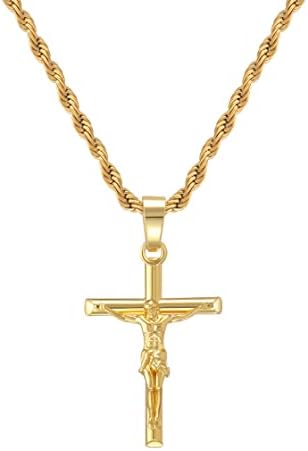 HELLOICE Crucifix Cross Necklace 18K Gold Plated Cross Pendant with 3mm 22' Rope Chain for Men Women