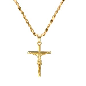HELLOICE Crucifix Cross Necklace 18K Gold Plated Cross Pendant with 3mm 22″ Rope Chain for Men Women